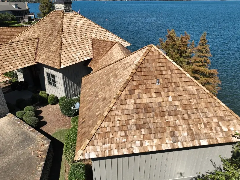 A cedar shake roof on a home near a lake in Alabama or the Florida Panhandle