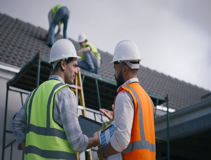 Roof inspectors in safety vests and helmets assessing hail damage on a house roof in Montgomery, AL