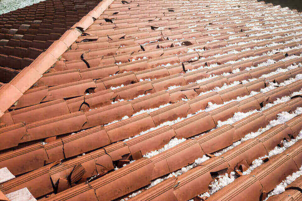 Hail‑damaged roof shingles in Alabama with visible storm impact and granule loss.